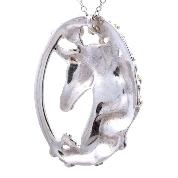 Estate 925 Sterling Silver Unicorn Whimsical Fantasy Oval Statement Pendant